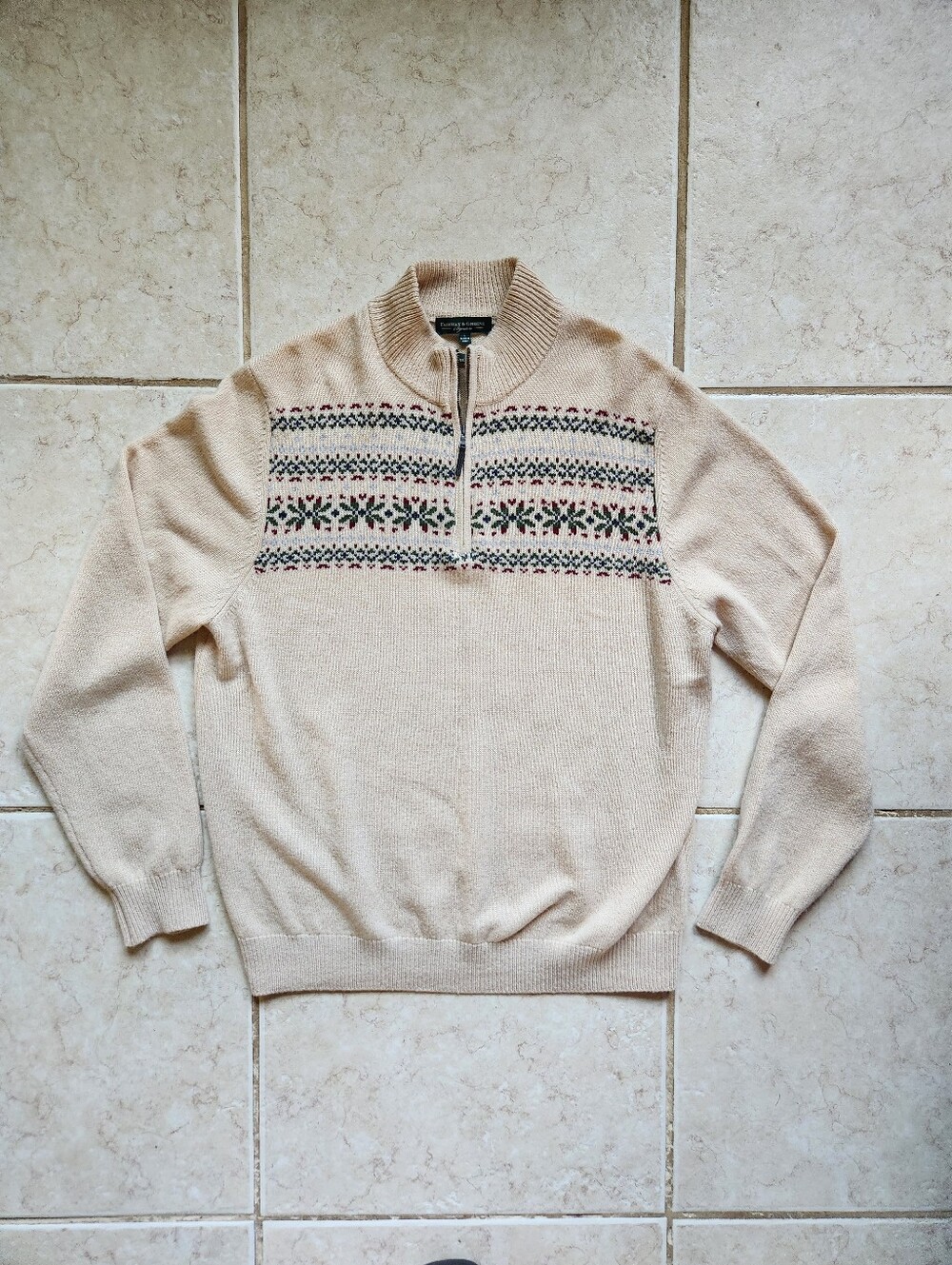 Fairway & Greene Italian Merino Wool Fair Isle 1/4 Zip Sweater L Beige Tan F13-4